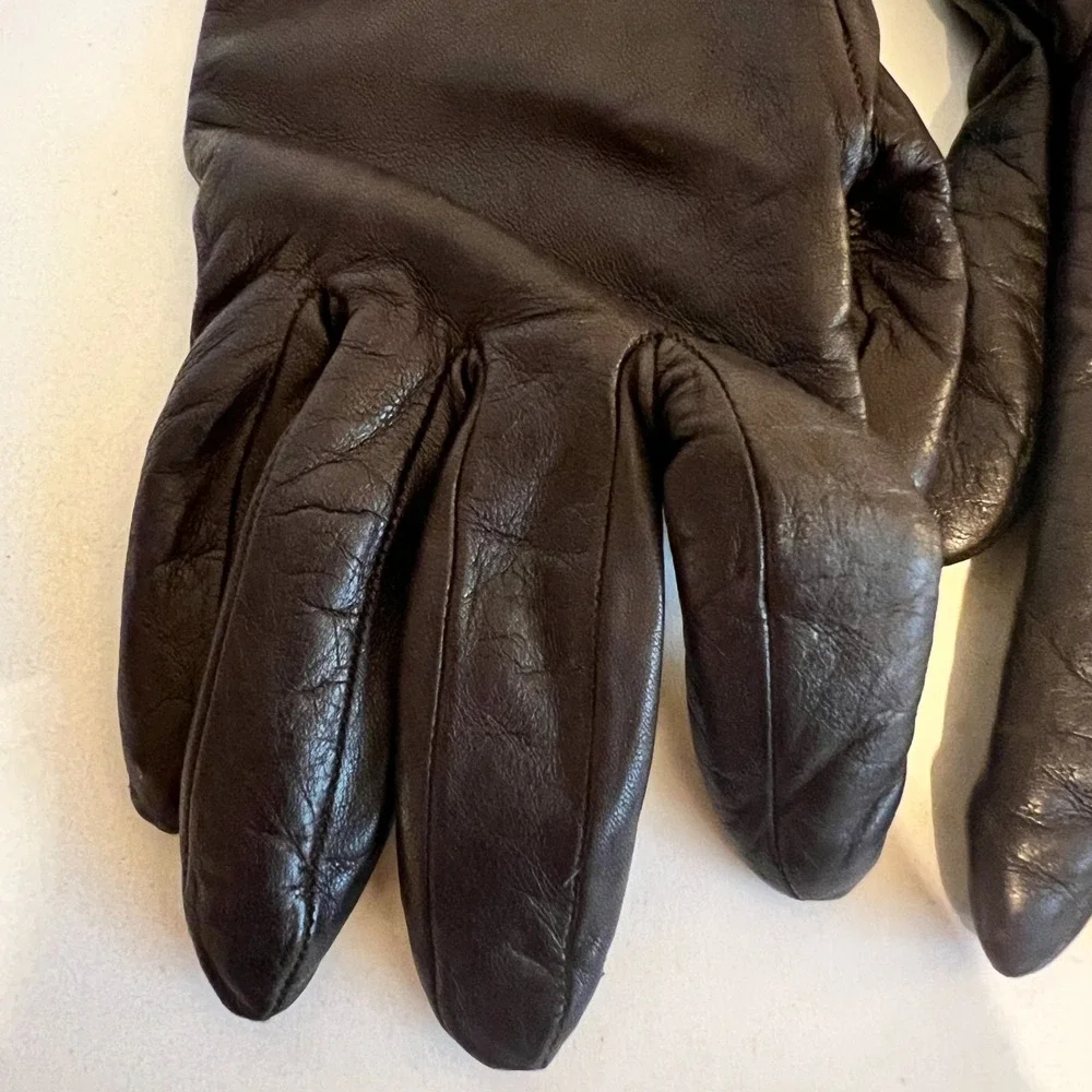 Portolano Brown Italian Leather Gloves Fur Cuff Cashmere Lined Women's Size 6.5